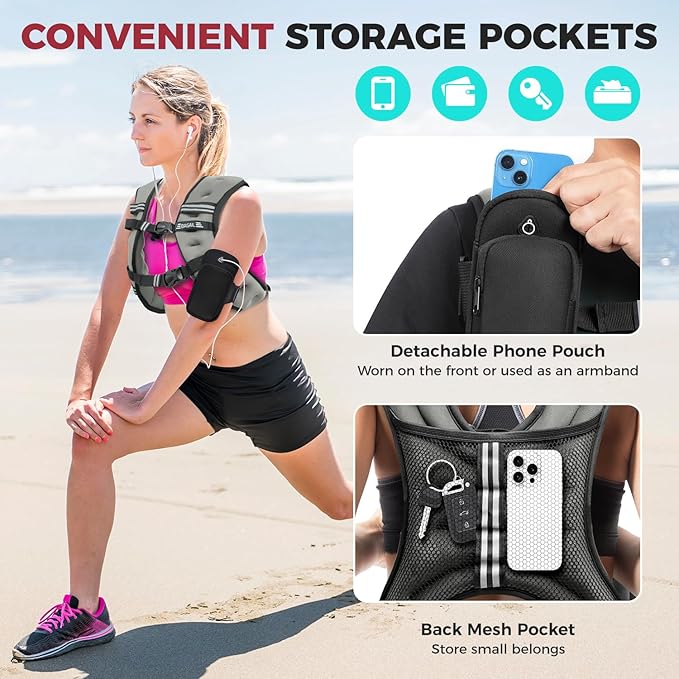 BAGAIL Comfort-Fit Weighted Vest for Woman, Even Weight Distribution, Faster Weight Loss, No-Chafe or Bounce for Walking & Running with Detachable Phone Pouch & Reflective Stripes (Available 5-30lbs)