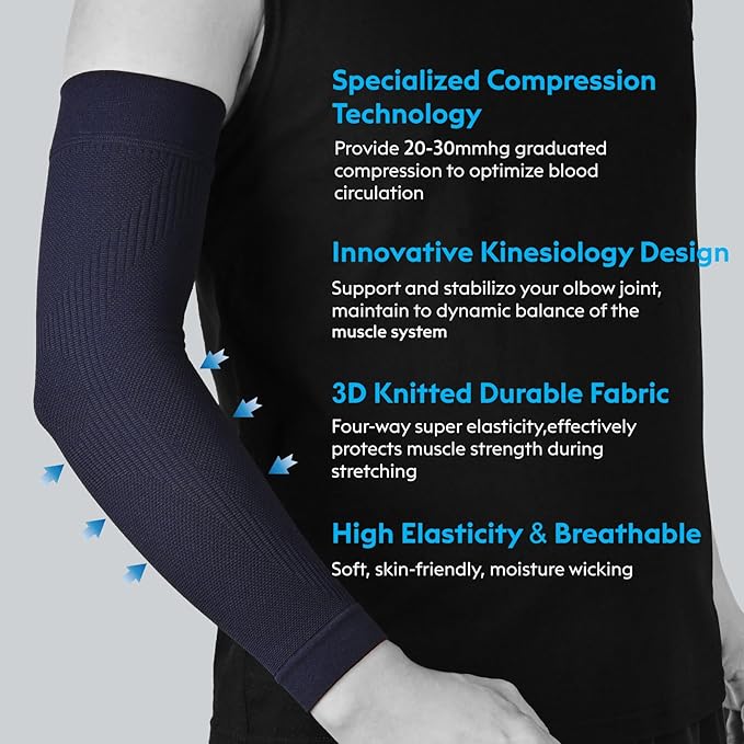 KEKING® Compression Arm Sleeves, Firm 20-30mmHg Graduated Compression Full Arm Support for Recovery, Pain Relief, Tendonitis, Golfers & Tennis Elbow Brace, Workouts Sports - Latex Free Dark Blue XXL