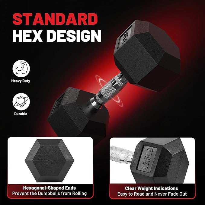 PAPABABE Hex Dumbbell Set with Rubber Grip 2.5-125lb, Odorless Rubber Coated Weight Fixed Dumbbells Set of 2, Weights for Women at Home, Hand Weights for Home Gym & Strength Training,Pesas Para Ejercicios