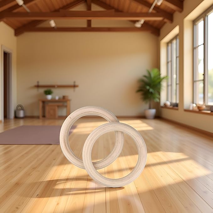Wood Gymnastics Rings Set, Solid Birch Wooden Fitness Rings for Kids and Adults, Non‑Slip Grip for Home Workout and Pull Up, 2 Pack(25mm 19cm)