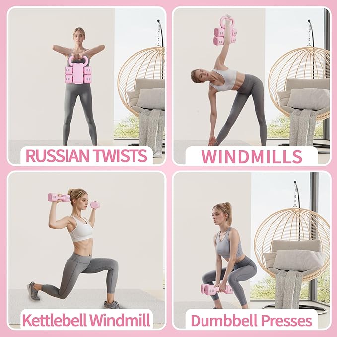Adjustable Kettlebell Set, 4-in-1 Free Weight Kettlebell sets (5.5lbs 7.7lbs 9.9lbs 12.1lbs) for women, Hand Weight Dumbbell Set of 2 for Home Gym Fitness Training