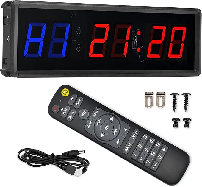 Gym Timer 1.5" LED Interval Timer Workout Timer Clock Stopwatch Timer Count Down/Up with Remote, Home Gym Garage Fitness with Buzzer,Digital Interval Training Timer for Classroom and Outdoor