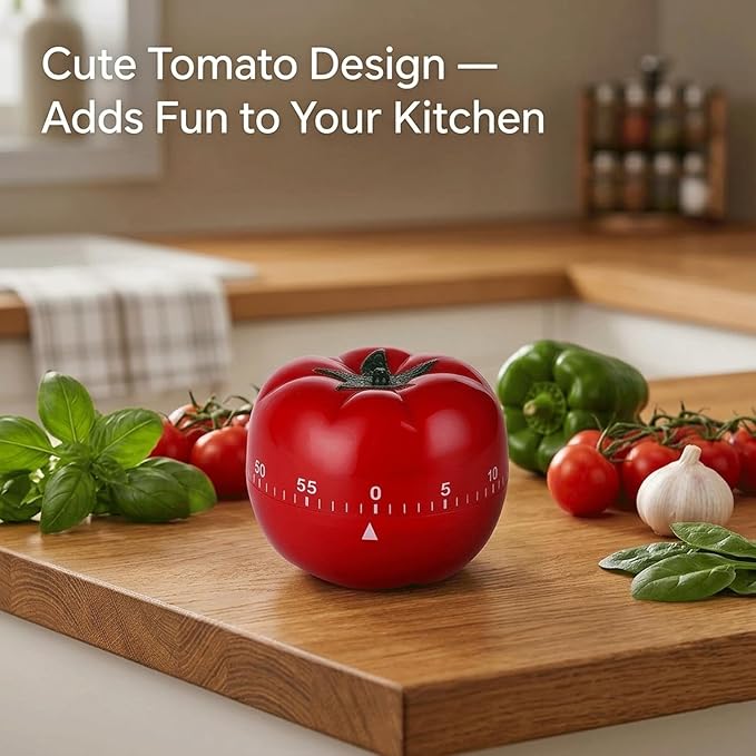 Kitchen Timer, 60-Minute Mechanical Countdown Timer, Red Tomato Shape, Manual Wind-Up for Cooking, Baking, Study, Gym