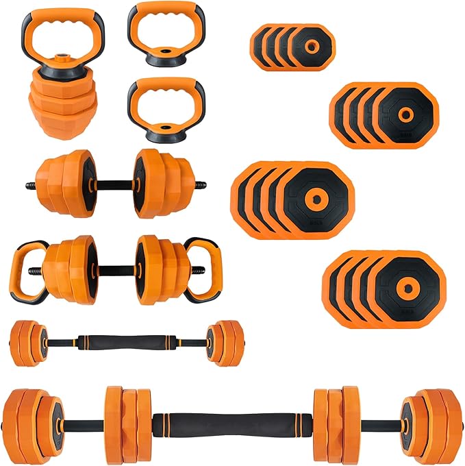 4-In-1 Adjustable Dumbbell Set (44/66/88LB) - Convertible to Barbell, Kettlebell & Push Up Stands, Home Gym Equipment for Men & Women, Space Saving Weights with PVC Coating,44 LBS