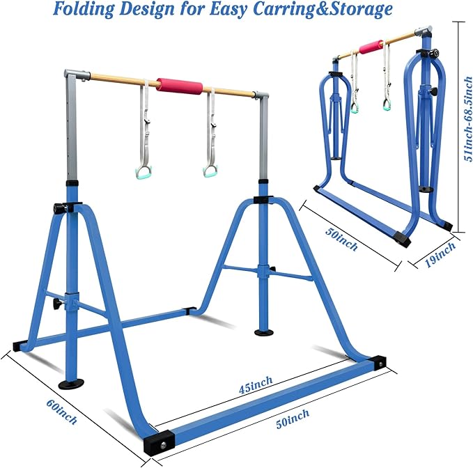 GLANT Gymnastics Bar for Kids with Rings Set, 7 Heights Adjustable Easy Folding Gymnastic Training Bar Kids Monkey Horizontal Bars - Max Load 300LBS