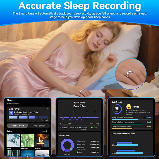 Smart Fitness and Activity Ring for Men and Women - Track Heart Rate Stress Sleep Steps and Blood Oxygen, 10ATM Waterproof Fitness Tracker for iPhone and Android, No Subscription Fee, Size 9