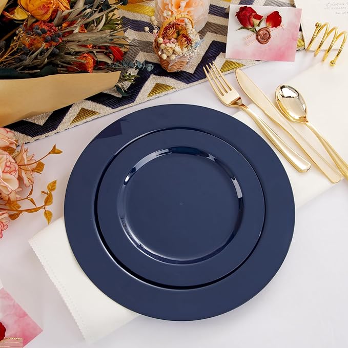 FLOWERCAT 60PCS Blue Plastic Plates - Heavy Duty Blue Plates Disposable (10.25" & 7.5") - serve for 30guest Birthday Party/Wedding/Presidents' Day/Memorial Day/Hanukkah