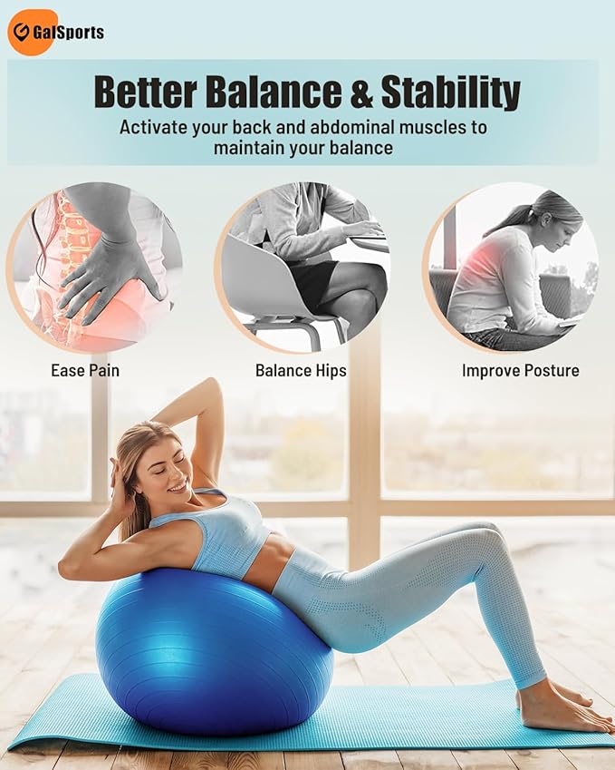 GalSports Stability Ball for Core Training & Physical Therapy – Anti-Burst, Slip-Resistant Yoga Ball for Home Gym, Pilates, Balance & Posture Improvemen