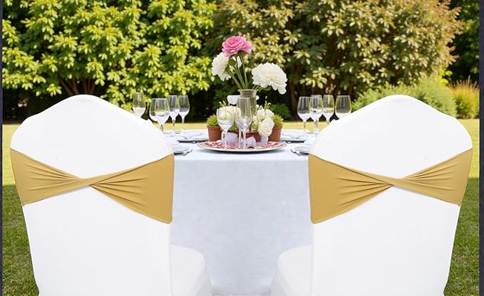 VDS Pack of 125 PCS | Gold | Spandex Chair Sashes Bows Without Buckle | Stretch Elastic Banquet Universal Folding Chair Band Tie with for Wedding Party Conference Celebration Event Decoration