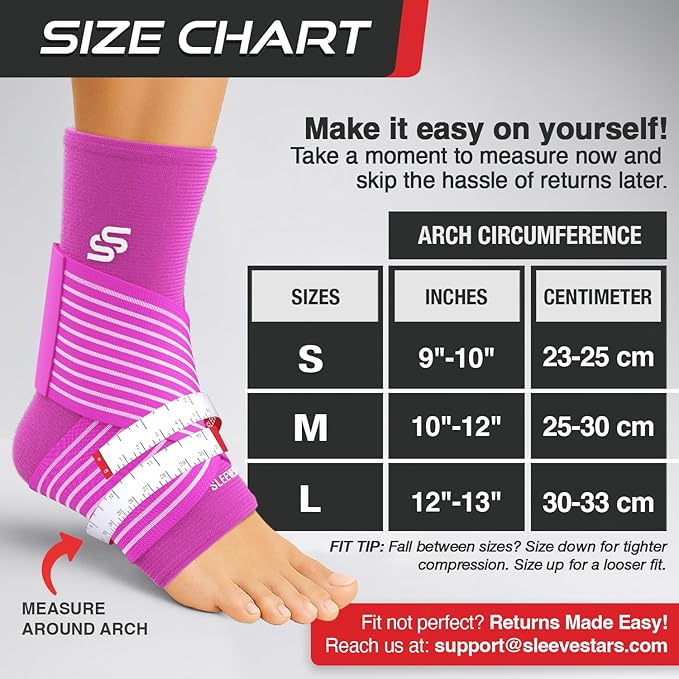 Sleeve Stars Ankle Brace for Women & Men, Ankle Wrap for Sprained Ankle, Compression Sleeve for Plantar Fasciitis Relief, Easy Customizable Support: w/Removable Strap (Single/L:12"-13"/Hot Pink)