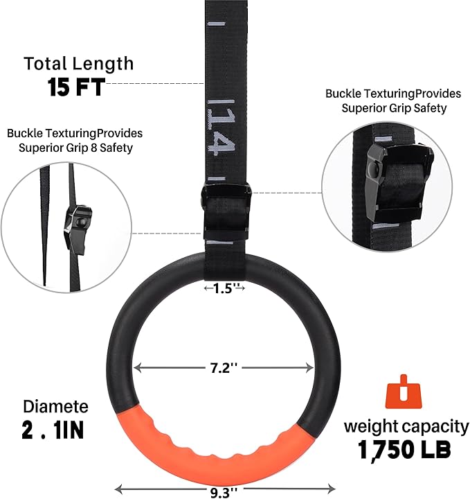 Teamaze Gymnastic Rings with 15 FT Adjustable Straps Non-Slip Gymnastics Rings Pull Up Workout Rings for Home Gym Exercise, Training