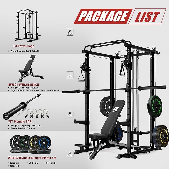 RitFit Multi-Function Garage & Home Gym Package Includes 1200LBS Power Cage PPC03/P3 with Cable Crossover System, Weight Bench, Olympic Barbell Weight Set, Full Body Workout