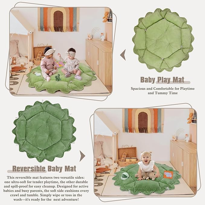 5-in-1 Plush Baby Play Gym, Activity Mat with Convertible Gym, Baby Gym 6 Sensory Toys, Play Center for Newborn to Toddler, Green