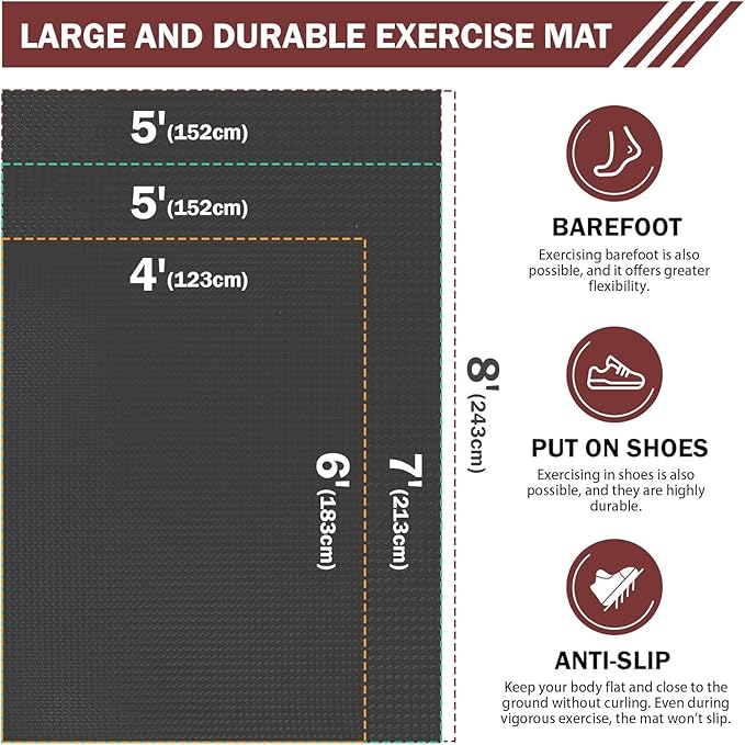 Stepwaver Extra Large Exercise Mat, 6'x4'/7'x5' /8'x5' (6mm) Thick Workout Mat for Home Gym & Garage Flooring, Shoe-Friendly, Non-Slip, Ultra Durable, Thick Large Workout Mats for Home Workouts