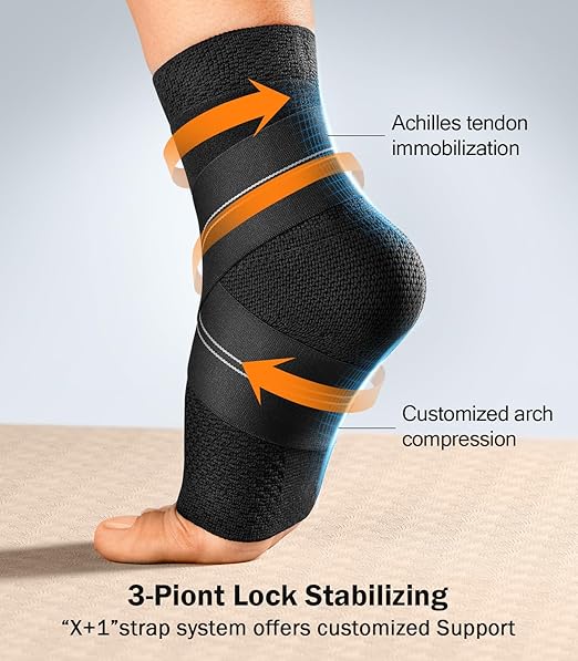 Flat Knitting Ankle Brace For Women&Men, 7-Zone Dynamic Compression Sleeve w/Flex Strap,Foot Support For Sports,Sprained Ankle, Achilles Tendonitis, Plantar Fasciitis Relief(Pack of1)XXL, Black