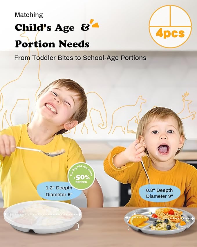 Stainless Steel Kids Plates with Lid 4 Packs, Deepened 9" Portion Control Plate Divided Plate for Adults Bariatric Weight Loss & Diabetic Diet, Non Toxic Unbreakable Toddlers Lunch Dishes