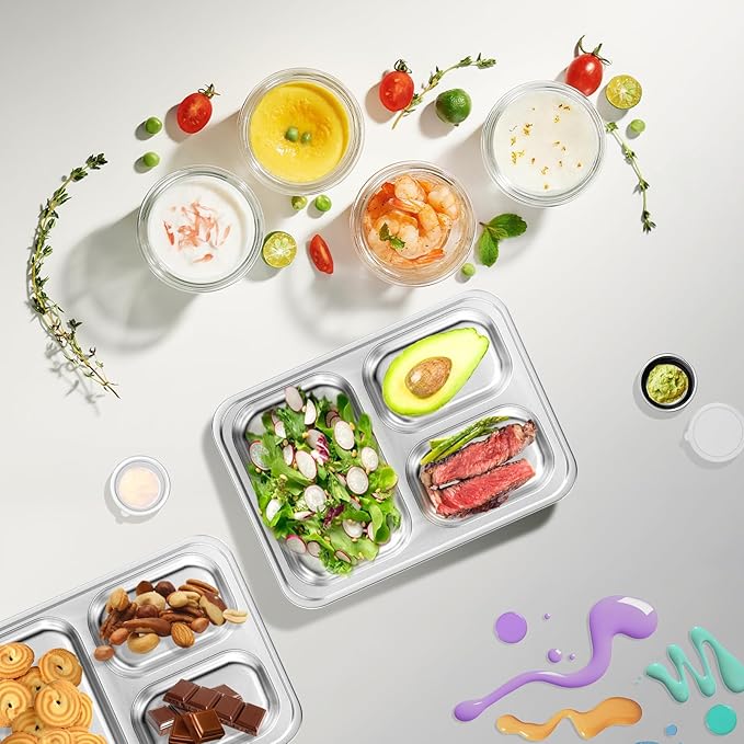 Stainless Steel Divided Plate for Kids Toddler, Non Toxic Portion Control Plate Dinner Plate with Lid for Adults Weight Loss, 4 Pack 3 Sections Rectangular Snack Plate Tray