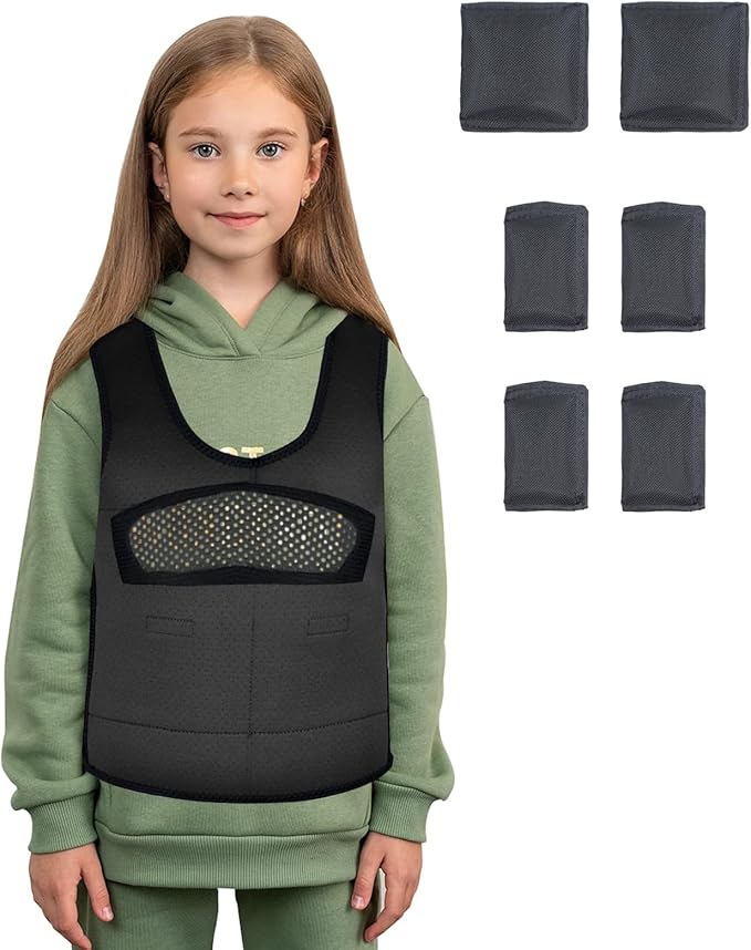 Compression Vest for Kids (Medium, Ages 5 to 9) Weighted Vest for Kids Including 6 Removable Weights Black
