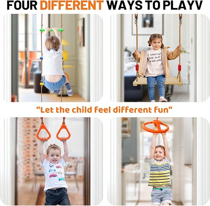 Doorway Swing for Kids & Door Pull Up Bar for Adults, Indoor Kid Swing with 4 Accessories, Multi-Function Doorway Gym, Fits Door Frame 24.41-30.51'' W x 3.94-6.69'' Thickness (Orange)