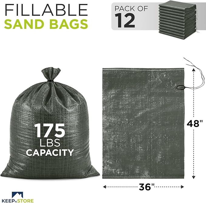 Heavy Duty Sand Bags Pack of 12, Army Green Empty Sandbags with Built-In Ties, Woven Polypropylene UV Protection 1600 Hours, Fillable Bags for Flood Control, Weight, 36x48 inches, 175 Pounds Volume