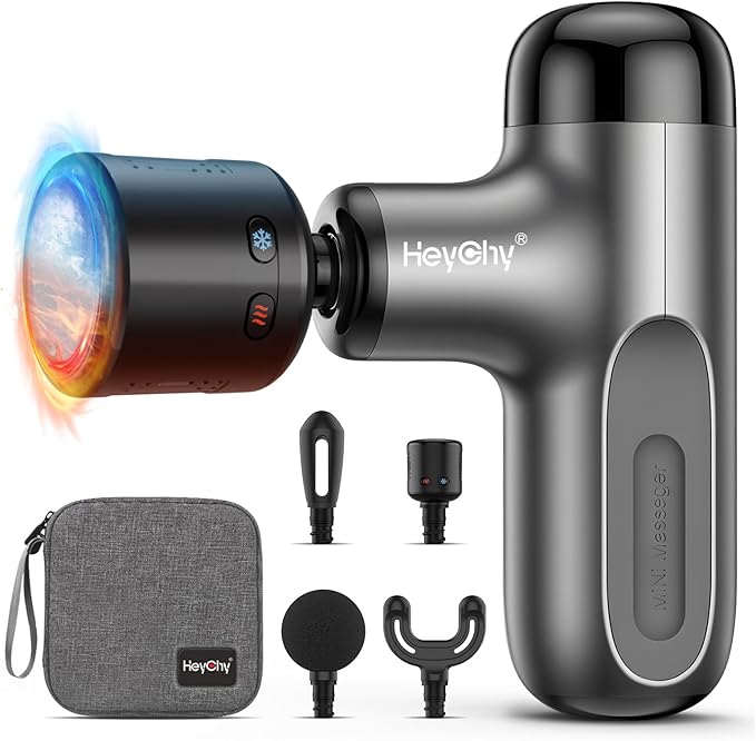 HEYCHY Mini Massage Gun with Heat and Cold, Deep Tissue Massage Gun, Portable Percussion Muscle Massager with 4 Massage Heads for Athletes