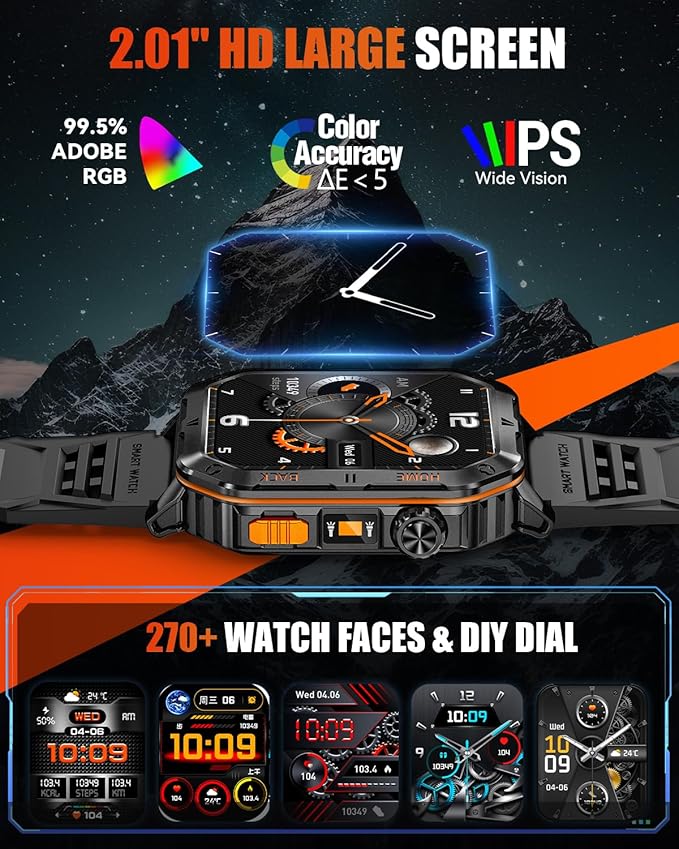 Military Smart Watches for Men, 2.01" HD Screen, 30-Day Battery, 5ATM Waterproof, LED Flashlight, Heart Rate & Sleep Monitor, 110+ Sports Modes, 2 Watch Bands, Android iOS
