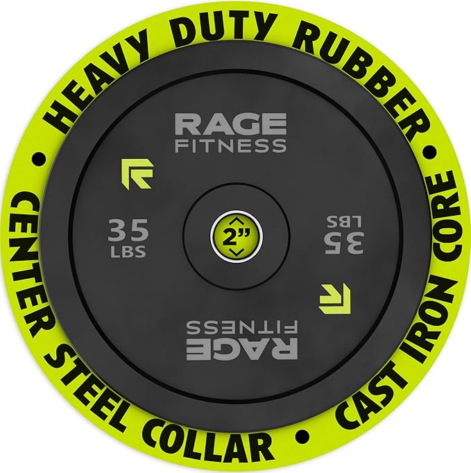 Rage Fitness Olympic Bumper Plates – Rubber-Coated Weight Plates with Steel Insert for Strength Training & Home or Commercial Gyms (10–45 lb, Sold Individually)