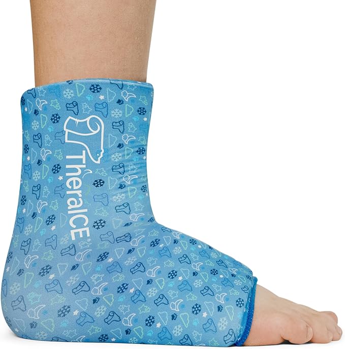 TheraICE Junior Ankle Ice Pack Wrap for Swelling, Reusable for Sprained Ankle Injuries, Cold Therapy Sock Compression, Plantar Fasciitis Relief, Achilles Tendonitis, Sore Feet, Foot & Heel