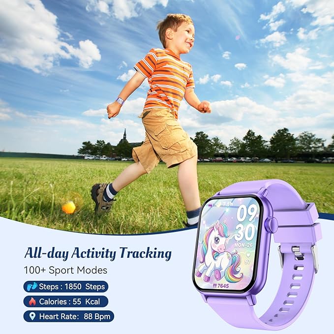 Smart Watch for Kids, 12 Puzzle Games HD Touch Screen Watches, Step Counter, Heart Rate/Sleep Monitor, Flashlight, Music Player,12/24 hr Educational Toys Birthday Gifts for Girls Ages 6-12 (Purple)