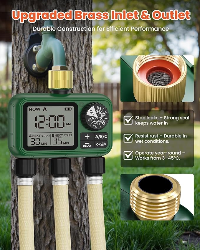 Water Timer for Outdoor Garden Hose, Sprinkler Timer for Garden Faucet with Auto/Manual/Rain Delay Mode, Sprinkler Irrigation Controller for Yard Lawn (3 Zones Brass Inlet & Outlet)