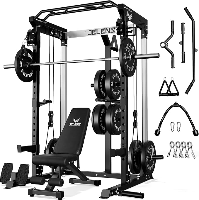 JELENS C21 Power Cage, 2000LBS Multi-Function Power Rack with Independent Dual Pulley System, All-in-One Squat Rack for Cable Crossover, Home Gym Workout Machine
