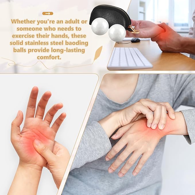 AceOrbit Baoding Balls Set of 2, Chinese Stress Relief Hand Exercise Balls with Leather Pouch, 1.57 Inch White Marble, Finger Exercise and Wrist Strength Training