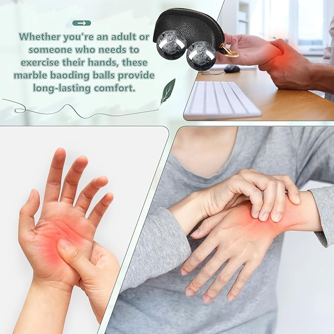 AceOrbit Baoding Balls Set of 2, Chinese Stress Relief Hand Exercise Balls with Leather Pouch, 1.57 Inch Dark Grey Marble, Finger Exercise and Wrist Strength Training
