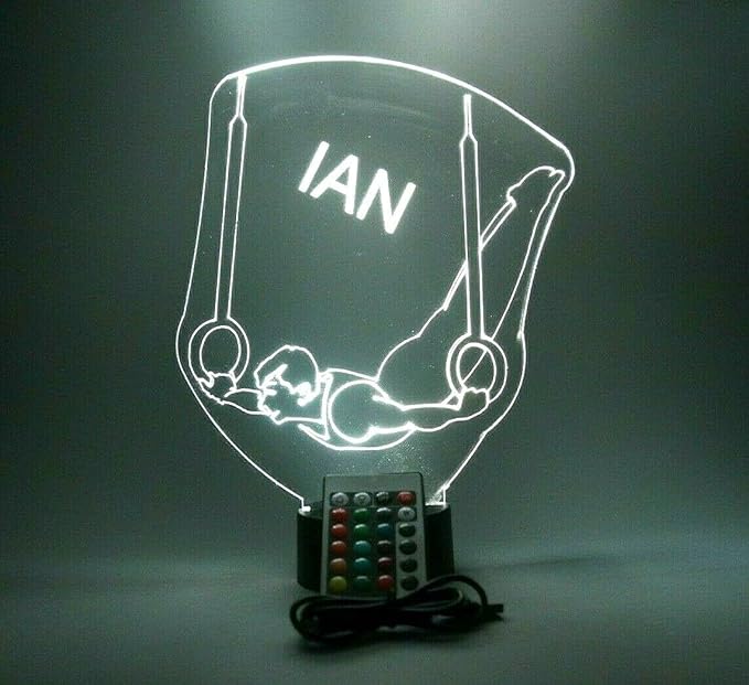MIRROR MANIA Gymnast Night Light Up Table Lamp LED Personalized Name Free Engraved Male Boy Still Rings Gymnastics Gift - It's Wow, Comes with Remote, 16 Color Changing Options