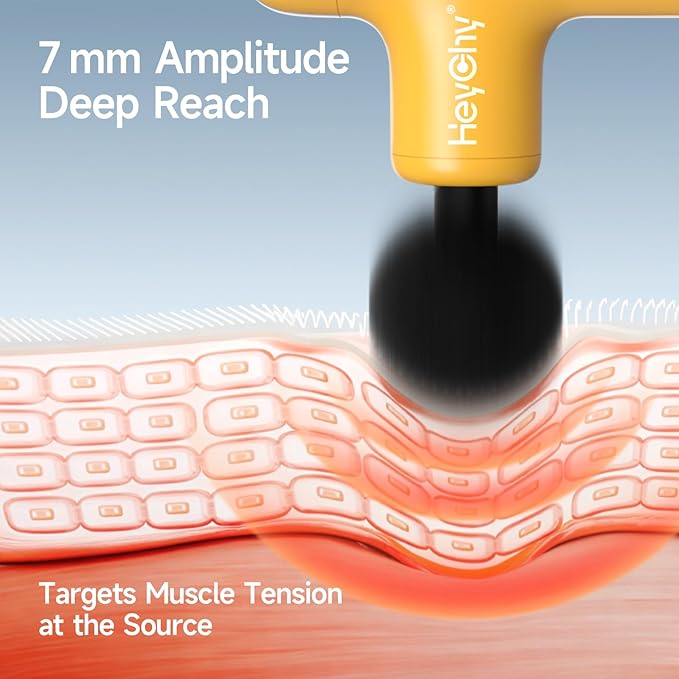 HEYCHY Super Mini Massage Gun Deep Tissue, Handheld Percussion Muscle Massager with 4 Heads, Travel Size Massager Gun for Men & Women Back Pain Relief, Quiet for Home, Gym, Office, Yellow
