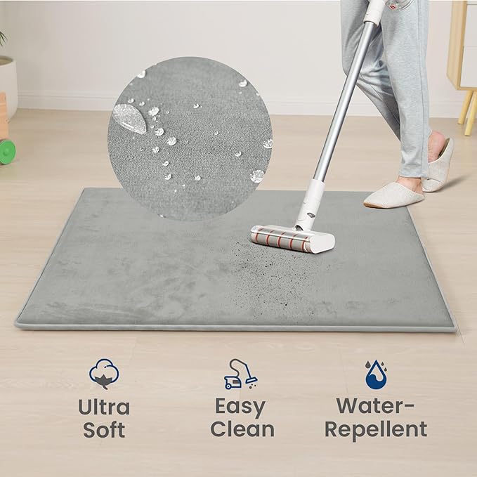 Baby Play Mat for Floor,Extra Large 79"×118" Playroom Mat,Thicker Memory Foam Classroom Mats,Water Repellent Ultra Soft Coral Velvet,Non-Slip Backing Safe for Crawling(Light Grey)