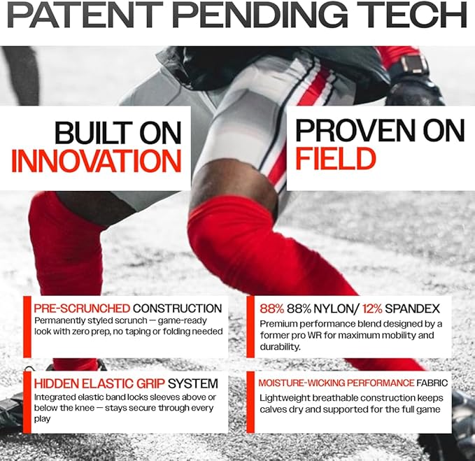 KUTFTBL Pre-Scrunched Football Leg Sleeves with Built-In Hidden Elastic Bands Performance Fabric Above or Below the Knee