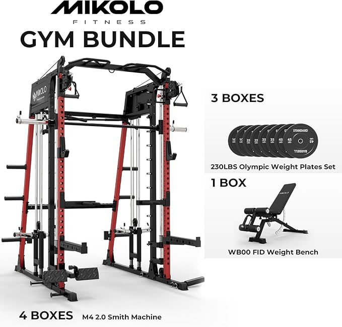 Mikolo M4 2.0 Smith Machine, 2200lbs Squat Rack with LAT-Pull Down System & Cable Crossover Machine, Training Equipment with Leg Hold-Down Attachment