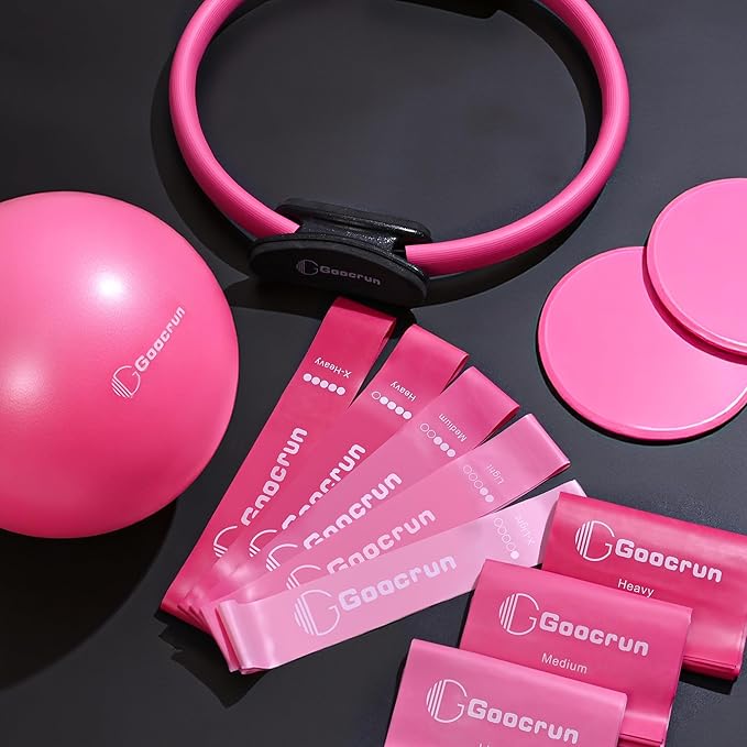 Goocrun Pilates Ring Set Exercise Equipment, with Exercise Resistance Bands Set, Pilates Ball, Sliding Disks. Portable Home Gym - with Fitness Guide Poster