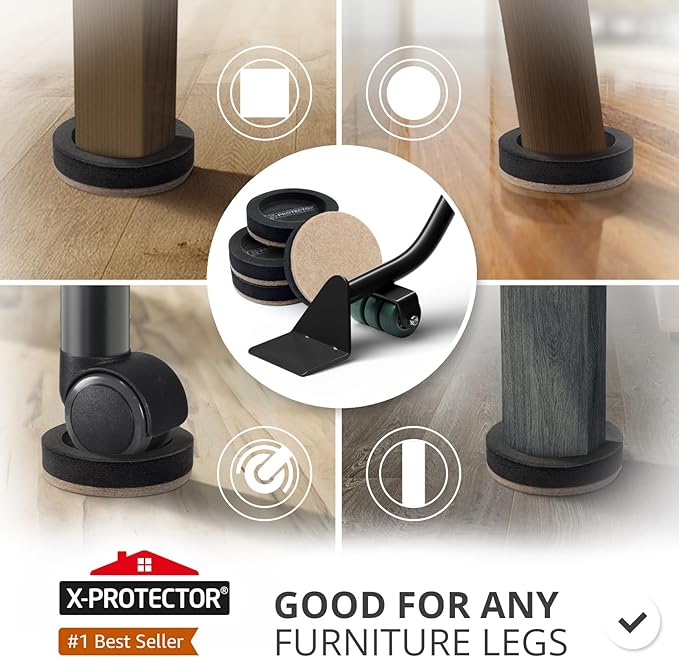 X-Protector Felt Furniture Sliders for Hardwood Floors & Furniture Lifter Tool Set - 4 PCS 3 1/2" Sliders for Furniture with Furniture Jack. Move Your Furniture Easily with Premium Furniture Movers!