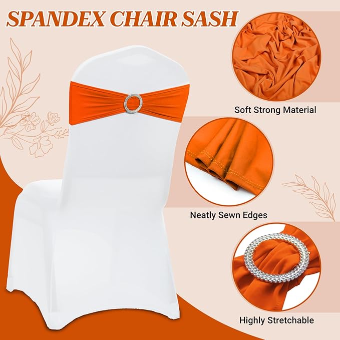 VDS - Orange | Spandex Chair Sashes Bows | 200 PCS | Stretch Elastic Banquet Universal Folding Chair Band Tie with Silver Buckle Slider for Wedding Party Conference Celebration Event Decoration