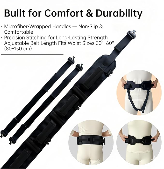 Gait Belt, Upgraded with Metal Buckle & Detachable Leg Straps, 7 Reinforced Handles, Transfer & Lift Belt for Seniors & Elderly, Walking Support and Mobility Assistance (Black, Medium)