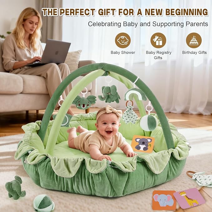 5-in-1 Baby Activity Gym & Play Mat with 6 Hanging Toys, Tummy Time Mat & Cards - Extra Large, Reversible Machine Washable Pad - Gift for Newborns, Infants 0-12 Months, Green