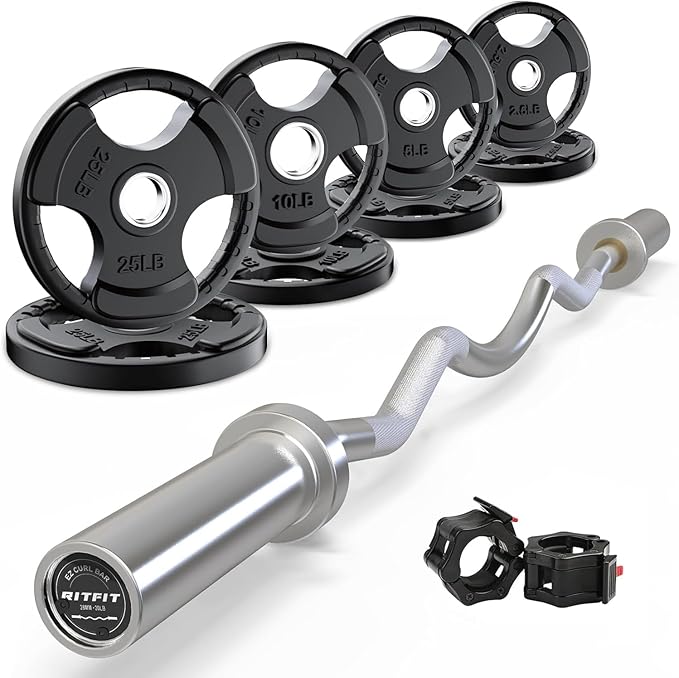 RitFit 2 Inch EZ Curl Bar with Weights, 350LBS Weight Capacity Olympic Curl Barbell for Bicep, Tricep and Weight Lifting Exercises