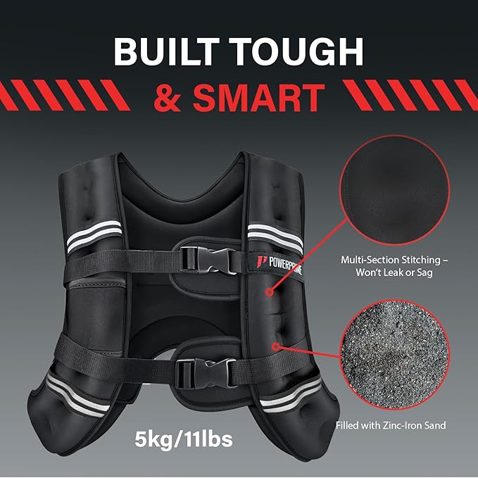 PowerPrime® Weighted Vest 11 lbs (5 kg) – Adjustable, Unisex Fitness Vest for a Comfortable Fit on All Body Types, Plus-Size – Neoprene Material, Reflective Strips, Mesh Pocket, For Training, Running
