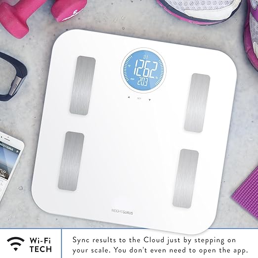 Greater Goods WiFi Bathroom Scale, Measures Weight, BMI, Body Fat, Muscle Mass, and Water Percentage, Upto 8 Users, 400 Ibs, White