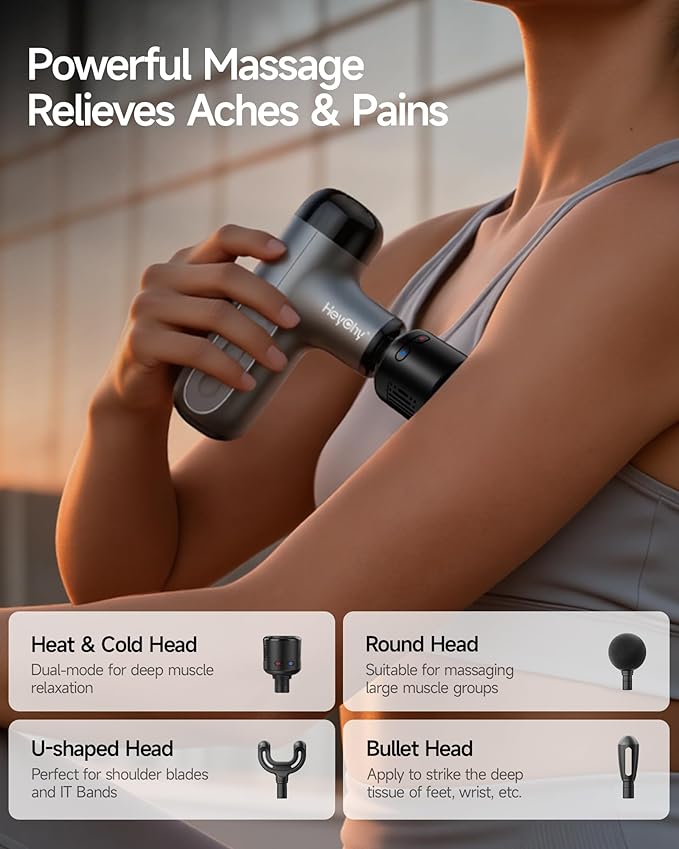 HEYCHY Mini Massage Gun with Heat and Cold, Deep Tissue Massage Gun, Portable Percussion Muscle Massager with 4 Massage Heads for Athletes