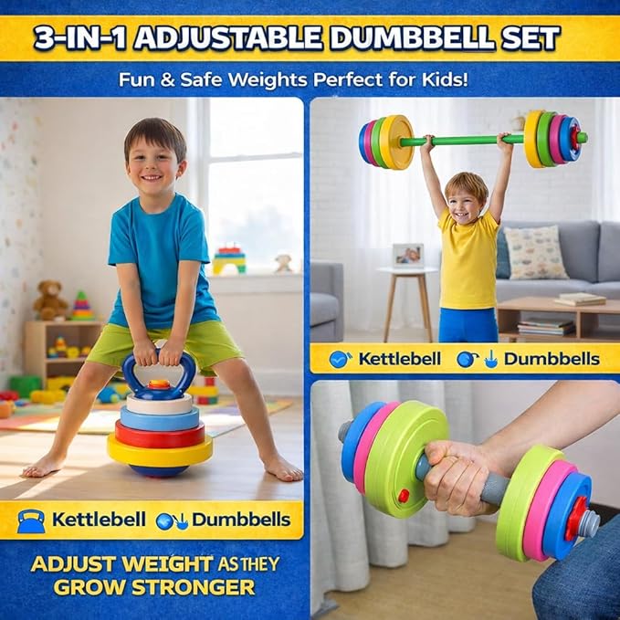 Kids Exercise Weight Set - 3-in-1 Adjustable Workout Toy Equipment for Children Pretend Play Exercise - Toddler Beginner Gym, Fitness, Weightlifting and Powerlifting (Dumbbell, Barbell, Kettlebell)