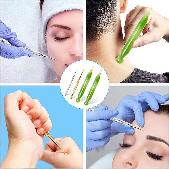 Audoloku 4PCS Massage Tools Acupuncture Pen Self Massage Gua Sha Pointing Pen with Silver Stainless Steel Ear Point Acupuncture Pen with Gold Double Headed Ear Massage Pen