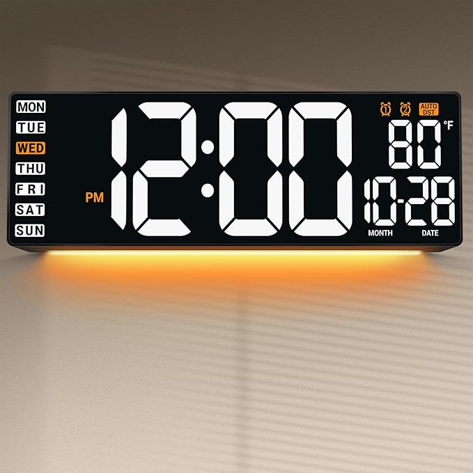 16.5" Large Digital Wall Clock with Remote Control, Auto-Dimming LED Display with Date Temp, Big Number Wall Mount Decor Clock for Seniors, Classroom, Dorm, Home, Office, Gym White